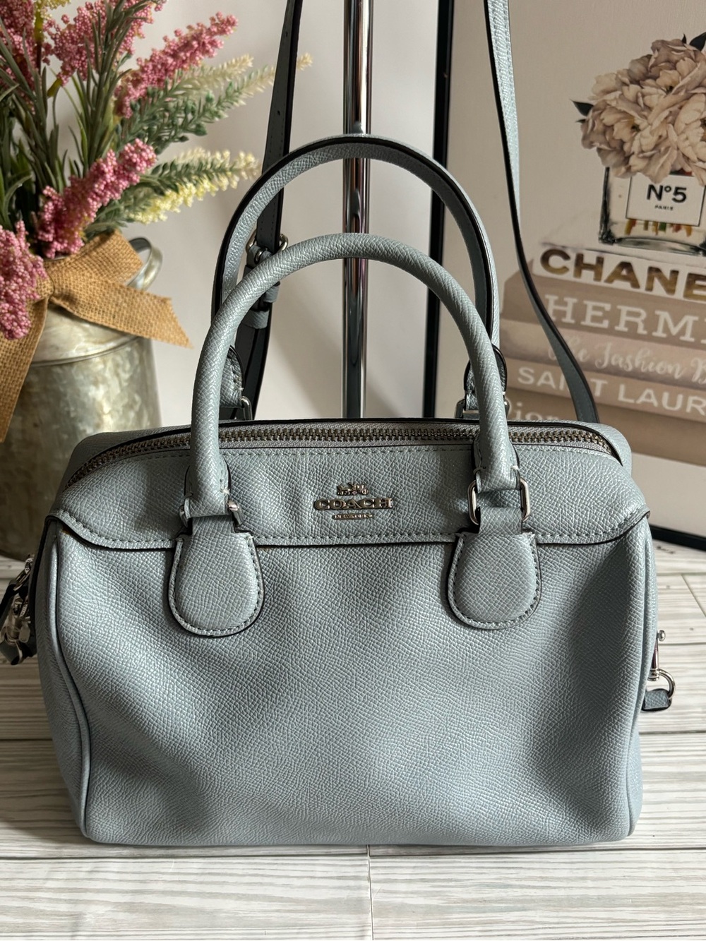 Coach baby blue Mini Bennett Pebbled Leather Satchel